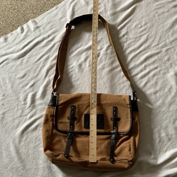 David Bitton BUFFALO laptop messenger bag tan canvas brown trim - Picture 7 of 10